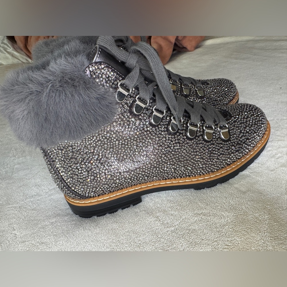 INC Women's Gray Fur-Trimmed Ankle Boots